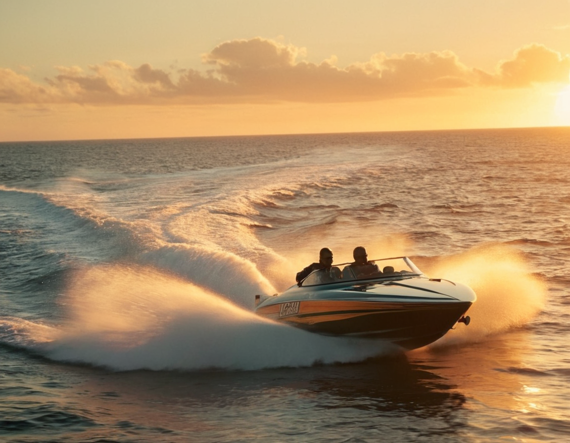 two men in a speedboat motoring across the water